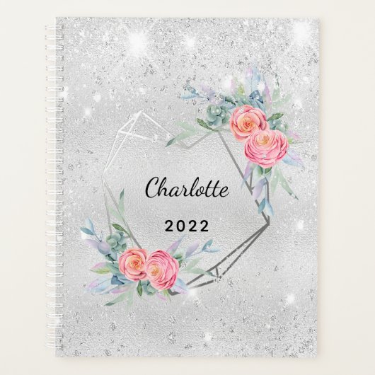 Zilveren roze bloemen glitter naam elegant planner (Voorkant)