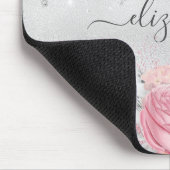 Zilveren roze bloemen glitter naam script muismat (Hoek)