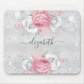 Zilveren roze bloemen glitter naam script muismat (Voorkant)