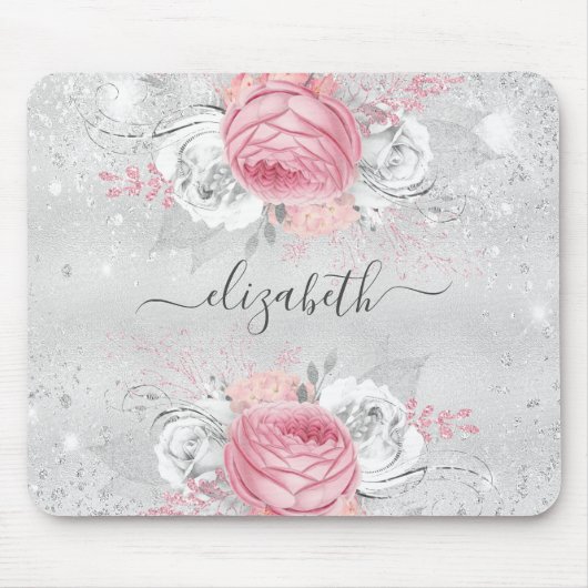 Zilveren roze bloemen glitter naam script muismat (Voorkant)