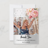 Zilveren roze bloemen kant Bruidsdouche foto Bedankkaart (Voorkant)