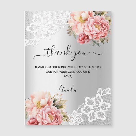 Zilveren roze bloemen kant dank u kaartmagneet (Voorkant)