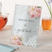 Zilveren roze bloemen kant gastenboek teken reclamebord met voetstuk (Insitu)