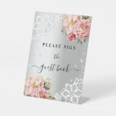 Zilveren roze bloemen kant gastenboek teken reclamebord met voetstuk (Voorkant)