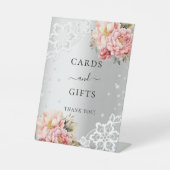 Zilveren roze bloemen kant kaarten cadeaus bord reclamebord met voetstuk (Voorkant)