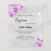 Zilveren roze bloemen meisje budget Doop uitnodigi (Voorkant)