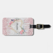 Zilveren roze bloemen monogram naam bagagelabel (Voorkant horizontaal)