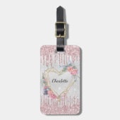 Zilveren roze bloemen monogram naam bagagelabel (Voorkant verticaal)