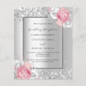 Zilveren roze bloemenbruiloft receptie uitnodiging (Voorkant)