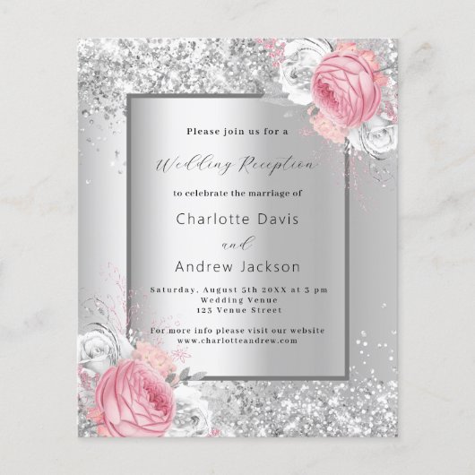 Zilveren roze bloemenbruiloft receptie uitnodiging (Voorkant)