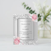 Zilveren roze bloemencode QR code RSVP trouwuitnod (Staand voorkant)