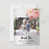 Zilveren roze bloemenkant bruiloft bedankkaart (Voorkant)