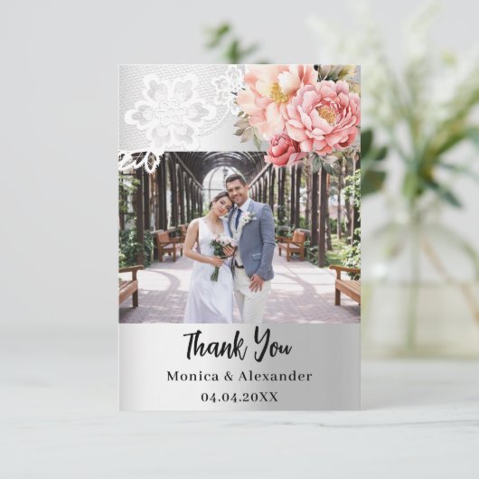 Zilveren roze bloemenkant bruiloft bedankkaart (Staand voorkant)