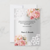 Zilveren roze bloemenkant bruiloft bedankkaart (Achterkant)