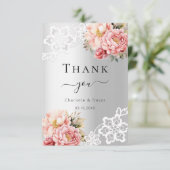 Zilveren roze bloemenkant bruiloft bedankkaart (Staand voorkant)