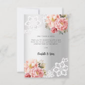 Zilveren roze bloemenkant bruiloft bedankkaart (Achterkant)