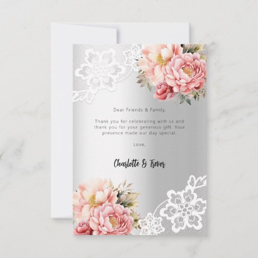 Zilveren roze bloemenkant bruiloft bedankkaart (Achterkant)