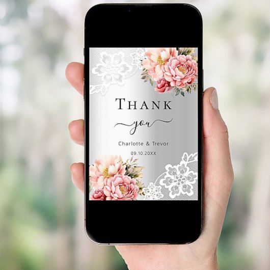 Zilveren roze bloemenkant bruiloft bedankkaart kaart