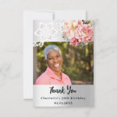 Zilveren roze bloemenkant verjaardagsfoto bedankkaart (Voorkant)