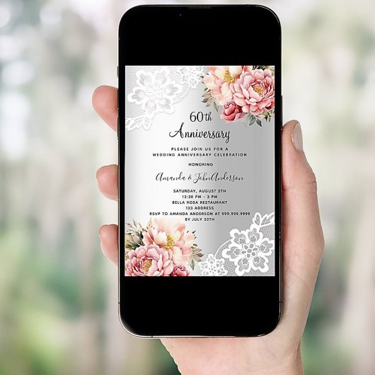 Zilveren roze bloemetjes 60ste trouwdag kaart