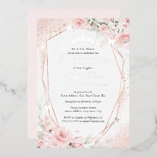 Zilveren Roze Blush Vlinder Bloemen Quinceanera Folie Uitnodiging