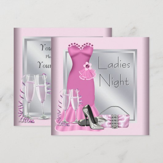 Zilveren Roze Champagne Roze Dames Night Kaart (Voorkant / Achterkant)