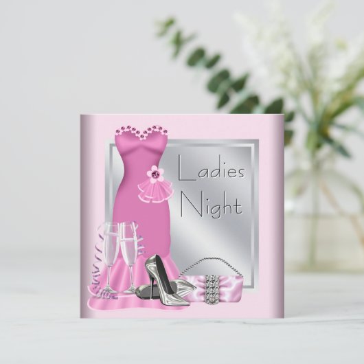 Zilveren Roze Champagne Roze Dames Night Kaart (Staand voorkant)