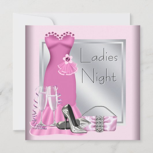 Zilveren Roze Champagne Roze Dames Night Kaart (Voorkant)
