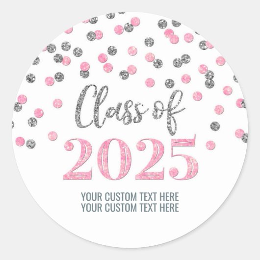 Zilveren Roze Confetti Afstuderen 2025 Ronde Sticker (Voorkant)