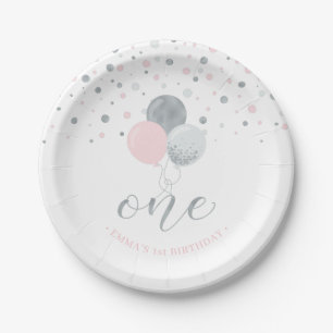 Zilveren & Roze Confetti Ballonnen 1e Verjaardagsf Papieren Bordje