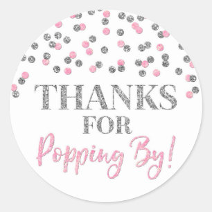 Zilveren Roze Confetti Bedankt voor Popping By Ronde Sticker