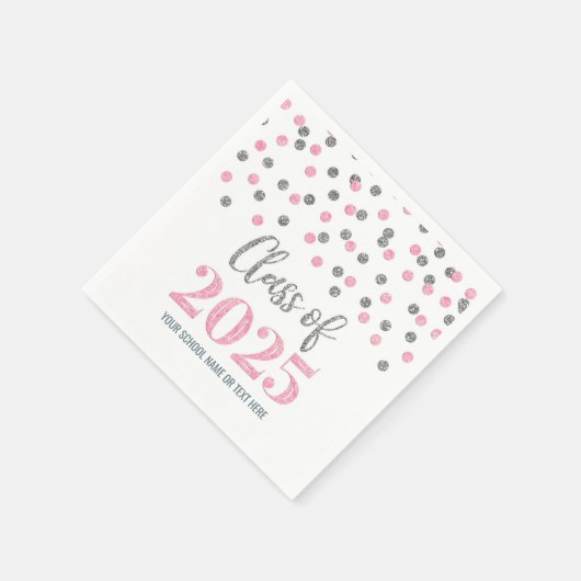 Zilveren Roze Confetti Klasse van 2025 servetten (Hoek)