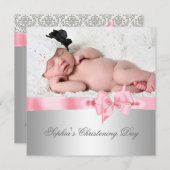 Zilveren Roze Damask Bow Girl Foto Doop Kaart (Voorkant / Achterkant)