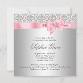 Zilveren Roze Damask Bow Girl Foto Doop Kaart (Achterkant)