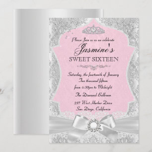 Zilveren Roze Damast Boog Sweet 16 Uitnodiging