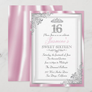 Zilveren Roze Diamanten Damast & Tiara Sweet 16 Ui Kaart