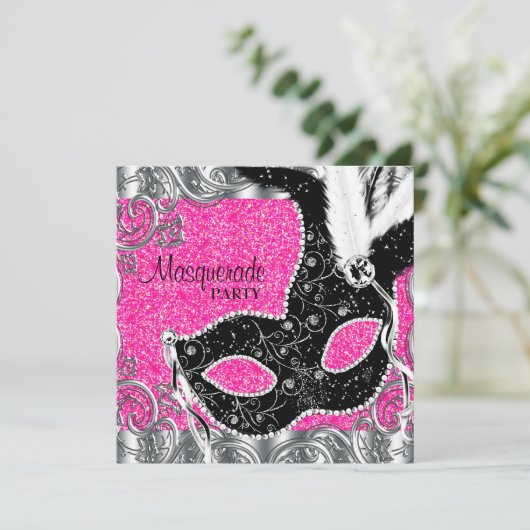 Zilveren Roze en Zwarte Masker Maskerade Party Kaart (Staand voorkant)