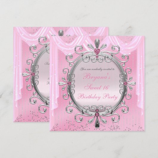 Zilveren Roze Fancy Lijst Sweet 16 Party Invitatio Kaart (Voorkant / Achterkant)