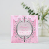 Zilveren Roze Fancy Lijst Sweet 16 Party Invitatio Kaart (Staand voorkant)