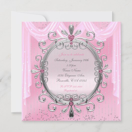 Zilveren Roze Fancy Lijst Sweet 16 Party Invitatio Kaart (Achterkant)
