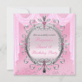 Zilveren Roze Fancy Lijst Sweet 16 Party Invitatio Kaart (Voorkant)