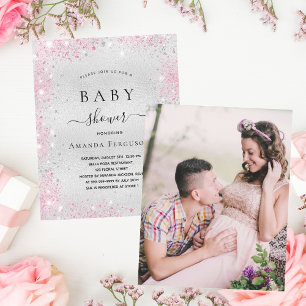 Zilveren roze foto budget Baby shower uitnodiging