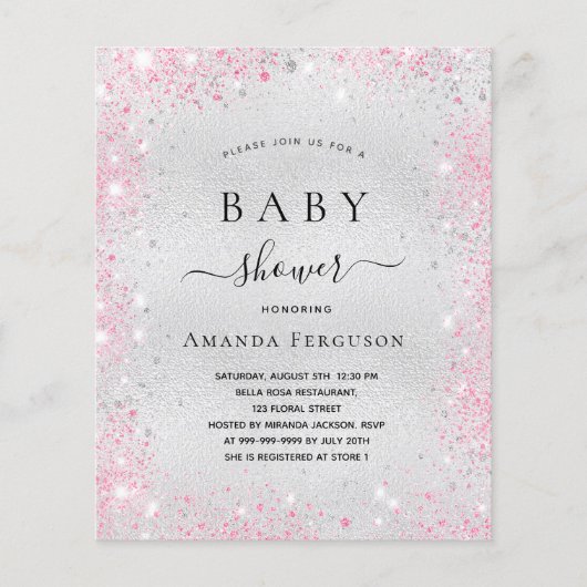 Zilveren roze foto budget Baby shower uitnodiging (Voorkant)