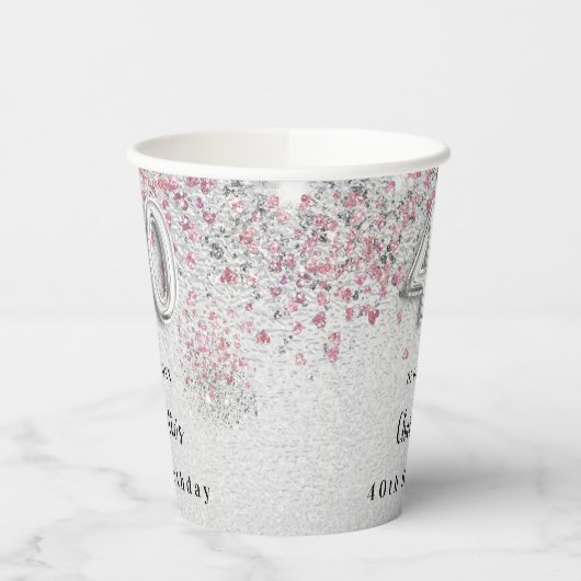 Zilveren roze glitter 40e verjaardag papieren bekers (Links)