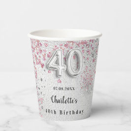 Zilveren roze glitter 40e verjaardag papieren bekers