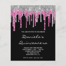 Zilveren Roze Glitter Drup Quinceañera Uitnodiging