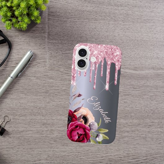 Zilveren roze glitter druppels bloemennaam script Case-Mate iPhone case