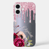 Zilveren roze glitter druppels bloemennaam script Case-Mate iPhone case (Achterkant)