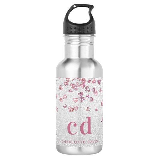 Zilveren roze glitter harten monogram initialen waterfles (Voorkant)