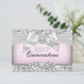 Zilveren Roze Glitter & Jewel Bow Quinceanera RSVP (Staand voorkant)